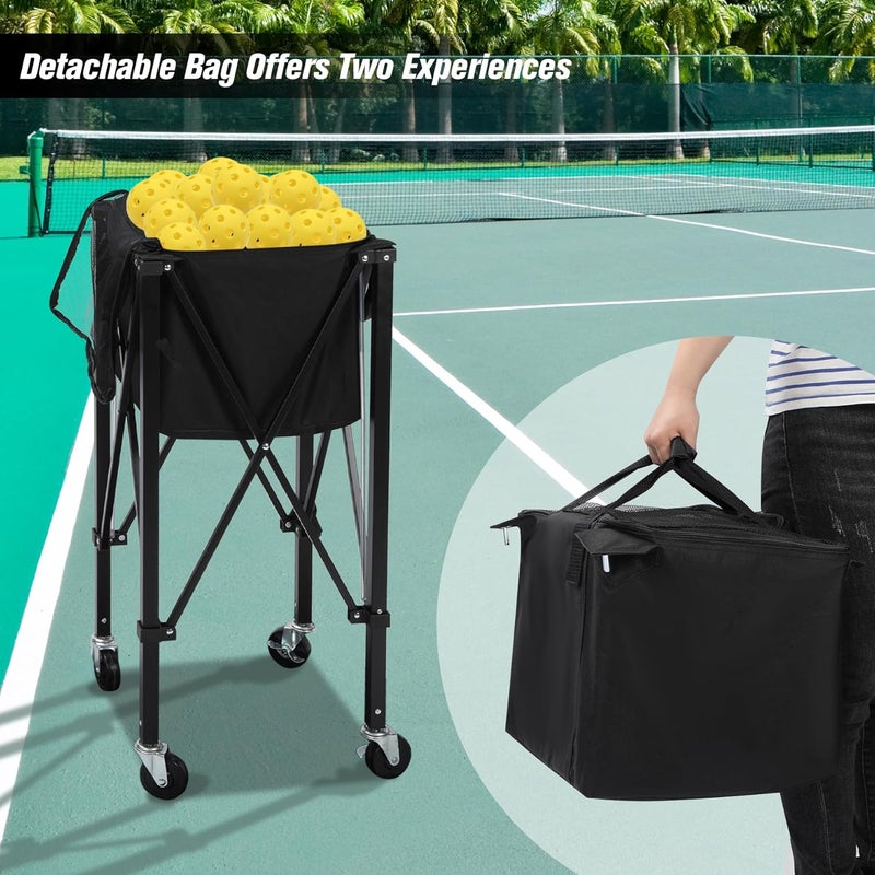 Lineslife Portable Tennis Ball Hopper Holds 200 Balls, Tennis Ball Basket Cart with 4 Wheels & Brakes, Detachable Oxford Fabric Bag for Tennis and Pickleball Training, Black - Image 4